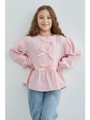 FullaModa Fiyonk Detaylı Çizgili Kız Çocuk Bluz