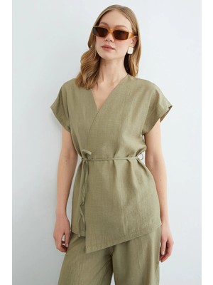 FullaModa Beli Bağlamalı Düşük Kol Yelekli Krinkıl 2 Li Takım