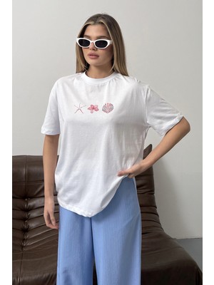 Giysa Kadın Deniz Kabuğu Baskılı %100 Pamuklu T-Shirt Beyaz - 26Y 26512