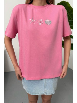 Giysa Kadın Deniz Kabuğu Baskılı %100 Pamuklu T-Shirt Pembe - 26Y 26512