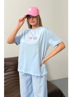Giysa Kadın Deniz Kabuğu Baskılı %100 Pamuklu T-Shirt Mavi - 26Y 26512