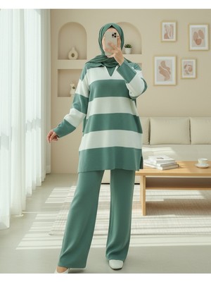 Modamorfo V Yaka Pantolonlu Triko Takım -Mint