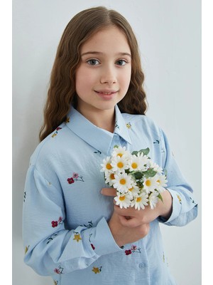FullaModa Çiçek Nakışlı Kız Çocuk Gömlek
