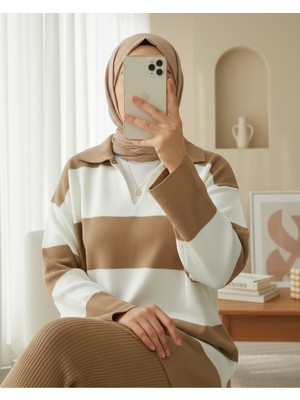 Modamorfo V Yaka Pantolonlu Triko Takım -Taba