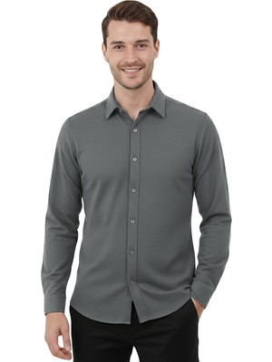 Deepsea Antrasit Modal Kumaş Likralı Rahat Kalıp Kırışmayan Ütü Gerektirmeyen Erkek Gömlek 2602629