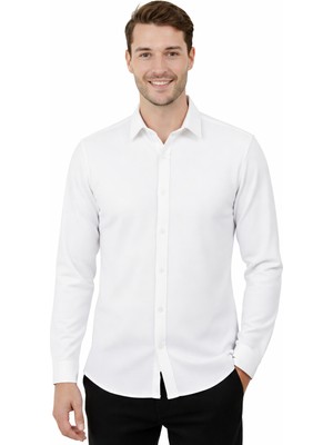 Deepsea Beyaz Modal Kumaş Likralı Rahat Kalıp Kırışmayan Ütü Gerektirmeyen Erkek Gömlek 2602629