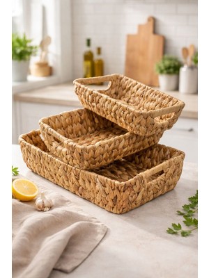 Feyza Design 3 Boy Hasır Sepet Tepsi Çok Amaçlı Organizer ile Saklama Kolaylığı