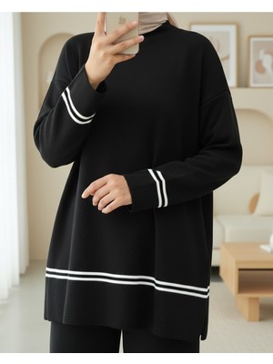 Modamorfo Eteği Ve Kolu Çizgili Triko Takım -Siyah