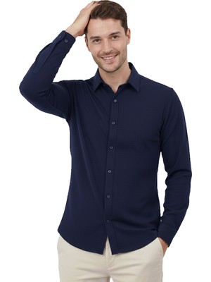 Deepsea Lacivert Modal Kumaş Likralı Rahat Kalıp Kırışmayan Ütü Gerektirmeyen Erkek Gömlek 2602629