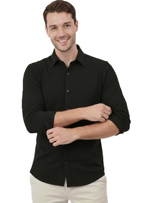 Deepsea Siyah Modal Kumaş Likralı Rahat Kalıp Kırışmayan Ütü Gerektirmeyen Erkek Gömlek 2602629