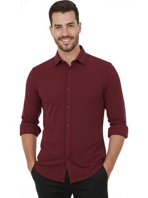 Deepsea Bordo Modal Kumaş Likralı Rahat Kalıp Kırışmayan Ütü Gerektirmeyen Erkek Gömlek 2602629