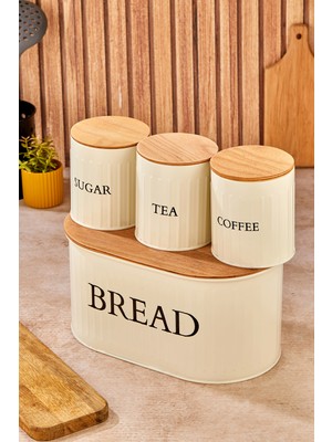 Feyza Design Şık 4'lü Ahşap Kapaklı Metal Organizer Seti, Çay Kahve Şeker Dekorasyonu