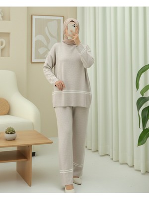 Modamorfo Eteği ve Kolu Çizgili Triko Takım -Taş