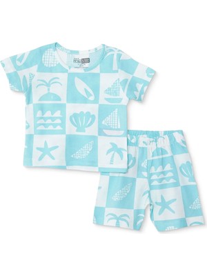 Hellobaby Hellobaby, Erkek, Kısa Kol Pijama Takımı, Palmiye Baskılı, Çıtçıtlı, Bisiklet Yaka, Kısa Paça, Kısa Kol