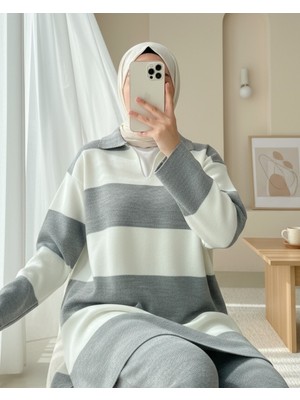 Modamorfo V Yaka Pantolonlu Triko Takım -Gri