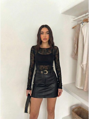 Onlio Giyim Çiçek Desenli Esnek Transparan Tül Siyah Kadın Bluz