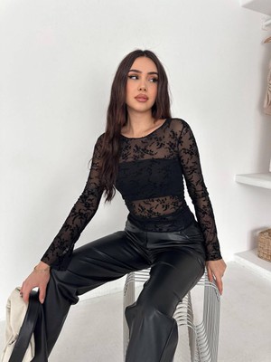 Onlio Giyim Kadın Siyah Desenli Transparan Şık Bluz - Uzun Kollu Esnek Tül Gece Bluzu