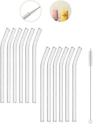 Parça Cam Pipet Seti – 12 Adet Cam Pipet + 1 Adet Temizleme Fırçası Yıkanabilir Sağlıklı ve Antibakteriyel Smoothie Kahve Meşrubat ve Her Türlü Içecek Için