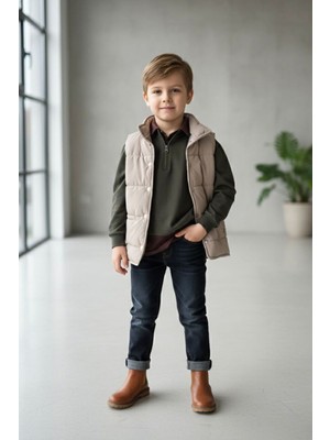 Miniğimin Cicileri Şişme Yelekli Yarım Fermuarlı Sweatshirt ve Kot Pantolon 4’lü Kombin - Bej