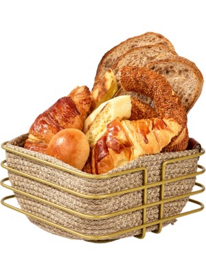 Feyza Design Altın Oval Köşeli Kare Ekmek Sepeti, Şık Hasır Makrome Ekmeklik