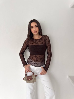 Onlio Giyim Çiçek Desenli Esnek Transparan Tül Siyah Kadın Bluz