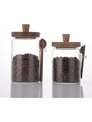 Feyza Design 2'li Cam Kavanoz Seti, Akasya Kapak ve Kaşık ile 450 ML-550 ml