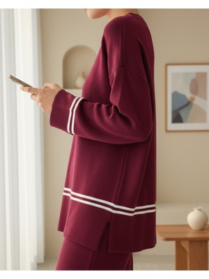 Modamorfo Eteği Ve Kolu Çizgili Triko Takım -Bordo