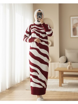 Modamorfo Yırtmaçlı Desenli Triko Elbise   -Bordo