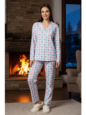 Remsa Kadın Ekose Desen Önü Düğmeli Suprem Pijama Takımı  BEYAZ01