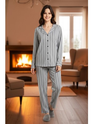 Remsa Kadın Çizgili Önü Düğmeli Suprem Pijama Takımı  FÜME01