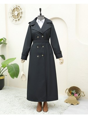 Modamorfo Kolu Ve Omuzu Apoletli Cepli Uzun Trençkot -Siyah