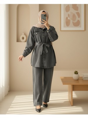 Moda Morfo Cepli Beli Kemerli Düğmeli Kot Takım -Füme