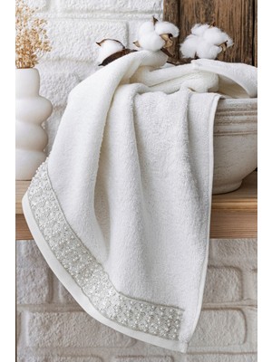 Elart Diamond Yüz Havlusu %100 Pamuk Çeyizlik Taş Işlemeli Dantelli (50X80 Cm)