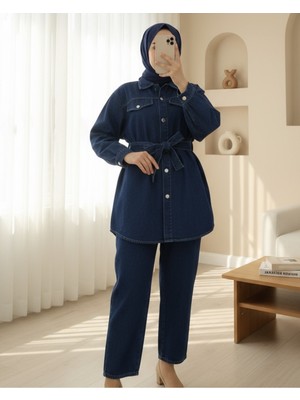 Modamorfo Cepli Beli Kemerli Düğmeli Kot Takım -Laci