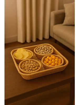 Feyza Design Rattan Hasır Sunum Sepeti Seti, Çerezlik, Cipslik ve Atıştırmalık Organizer