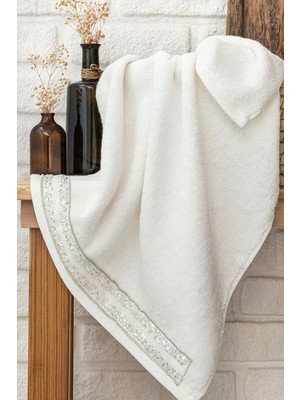 Elart Vals Yüz Havlusu %100 Pamuk Çeyizlik Taş Işlemeli Dantelli (50X80 Cm)