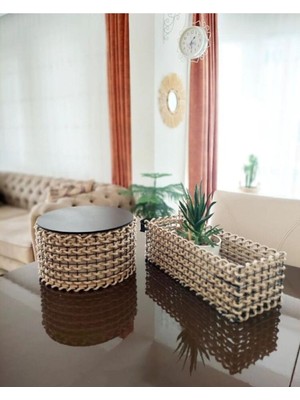 Feyza Design El Yapımı Halat Hasır Köşeli ve Yuvarlak 2'li Sepet Düzenleyici