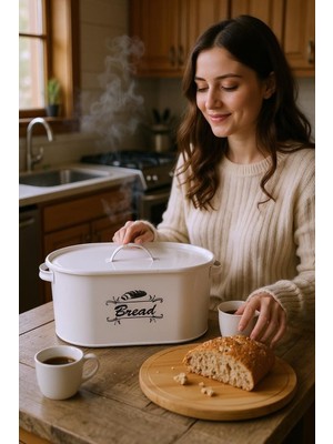 Feyza Design Şık Retro Metal Ekmeklik Kutusu, 34,5X19X15CM, Vintage Tarz