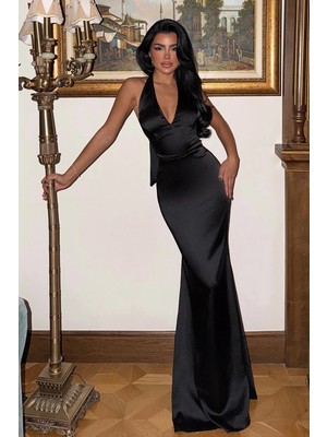 Eyyo Lacivert Sartoria Bağlamalı Uzun Elbise ATE-3455