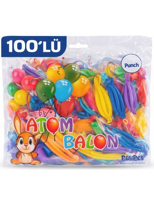 İsmiyle Al Renkli Atom Balon Punch Balon Lastik Ipli Parti Balonu 100 Adet