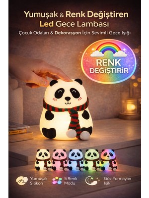 Toyfest Şarjlı Panda Gece Lambası 5 Renk Modlu Silikon Dokunmatik LED Çocuk Bebek Odası Işığı