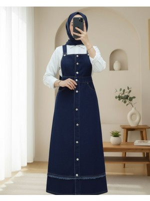 Modamorfo Eteği Püskül Detaylı Önü Düğmeli Cepli Kot Salopet -Laci