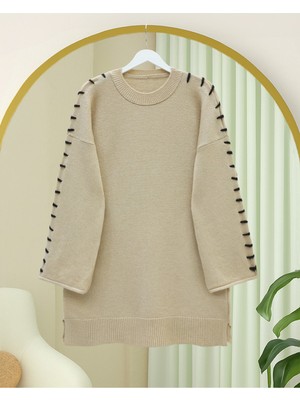 Modamorfo Kolları İpli Çizgili Yumoş Triko Tunik -Vizon