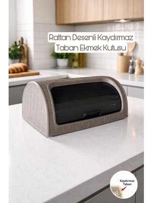 Feyza Design Rattan Desenli Plastik Ekmek Kutusu, Kaydırmaz Taban ve Sürgülü Kapak