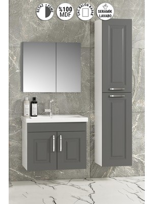 Özceden Salkım 65+35 cm Beyaz-Füme Balon Mdf Seramik Lavabolu Asma Banyo Dolabı Takımı
