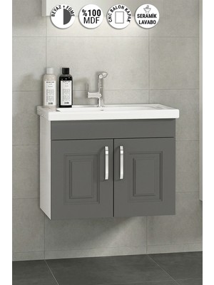 Özceden Salkım 65 cm Beyaz-Füme Balon Mdf Seramik Lavabolu Asma Banyo Alt Dolabı