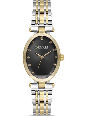 DEMARİ Demari Kadın Kol Saati Quartz Mekanizma, Gold & Gümüş Çelik Kordon, Taş Detaylı Siyah Kadran, Oval Kasa DM-00105L-D2