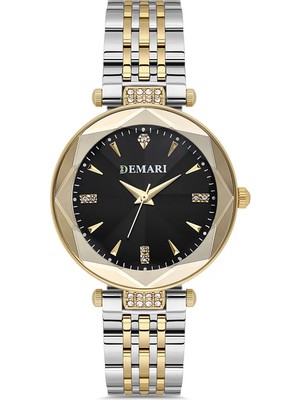 DEMARİ Demari Kadın Kol Saati Quartz Mekanizma, Gümüş & Gold Çelik Kordon, Taş Detaylı Siyah Kadran DM-00104L-D2
