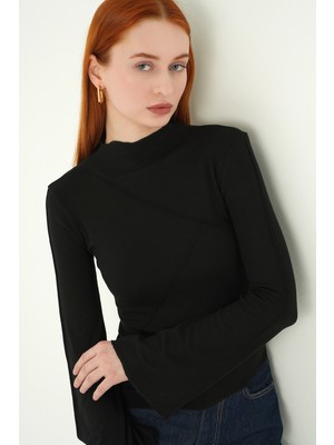 Rays Siyah Bisiklet Yaka Ön Çimalı Bluz 8238A