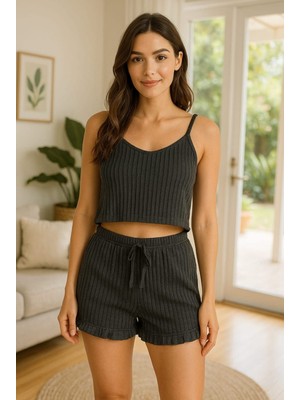 İsmiyle Al Crop Takım - Askılı Crop Takım Likralı Siyah (Xl)